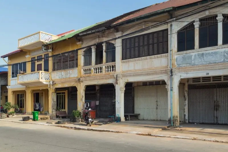 Old colonial shophouses on Old Market Street in Kampot