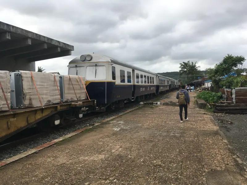 A passenger train waiting at Sihanoukville railway station